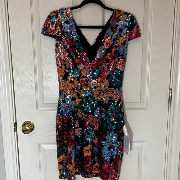 Dress The Population Sequin Mini Dress Floral Short Sleeve Small S New NWT V - Picture 4 of 15